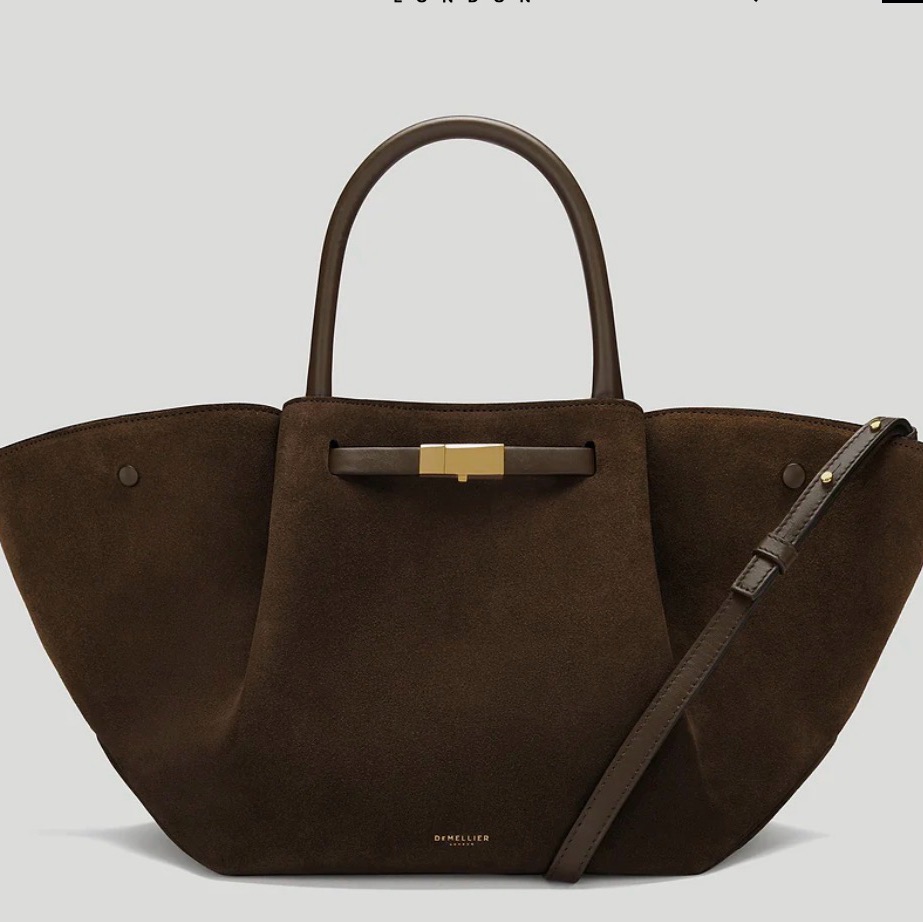 Nwt Demellier The Midi Dark Moca Suede Tote Bag With Gold Accent